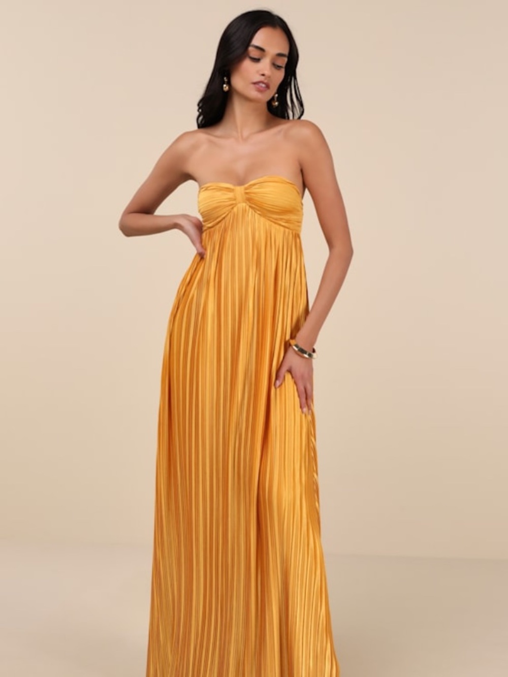 Lulus Golden Yellow Satin Plisse Strapless Maxi Dress - Size L